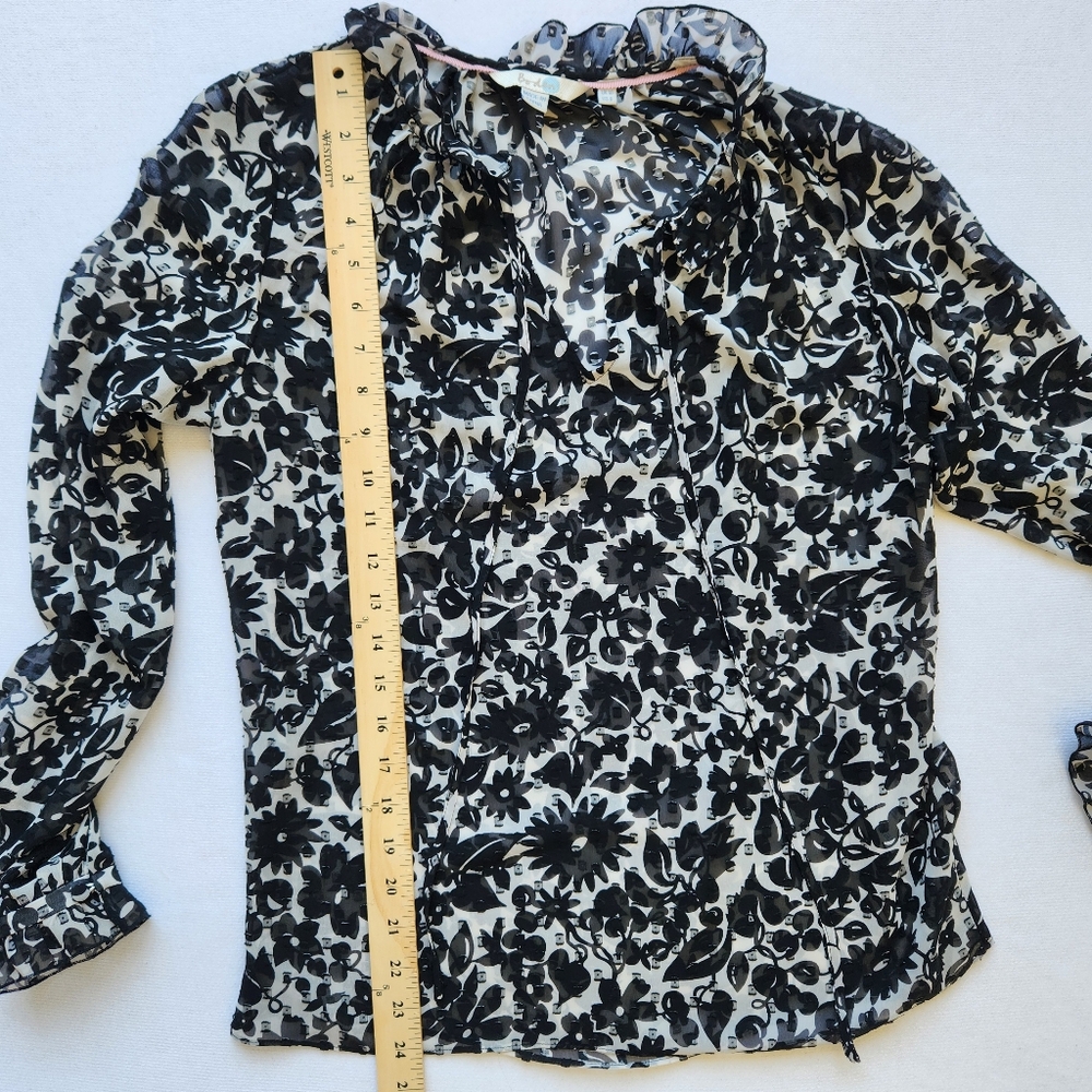 Boden Maddie Floral Top Black White Sheer Long Sleeve Ruffled Neck Tie Size 6 - Picture 14 of 16